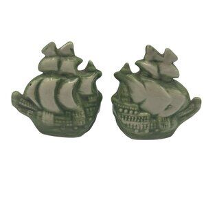 Vintage Green Ceramic Ship Racing Schooner Salt & Pepper Shakers